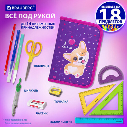 Пенал BRAUBERG, 1 отделение, полиэстер, 21х14 см, "I love corgi", 271530