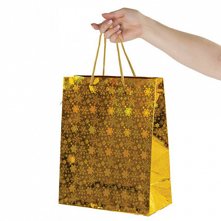 Пакет подарочный новогодний НАБОР 4 шт. 26x13x32 см (L), ГОЛОГРАФИЯ 3 цвета ЗОЛОТАЯ СКАЗКА, 609614