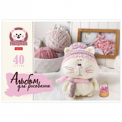 Альбом для рисования, А4, 40 л., скоба, обложка картон, HATBER, 205х290 мм, "Уютные котики" (5 видов), 40А4В