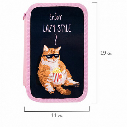 Пенал ПИФАГОР, 3 отделения, ламинированный картон, 19х11 см, "Lazy cat", 272252