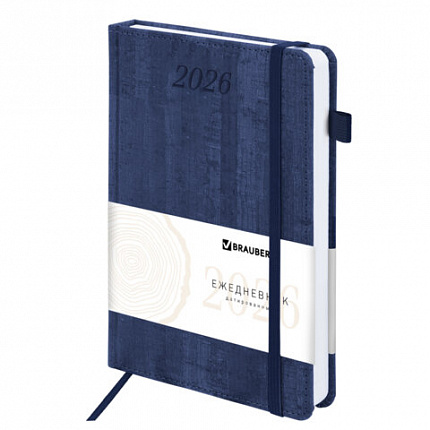 Ежедневник датированный 2026 А5 138x213 мм, BRAUBERG "Wood", под кожу, держатель для ручки, синий, 117106