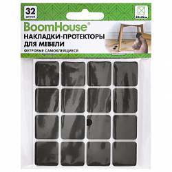 Накладки-протекторы для мебели ФЕТРОВЫЕ самоклеящиеся, 20х20 мм, черные, КОМПЛЕКТ 32 шт., BOOMHOUSE (БУМХАУС), 701817