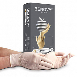 Перчатки латексные смотровые 50 пар (100 штук), размер 7-8, M (средний), бежевые, BENOVY Latex Chlorinated