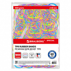 Резинки банковские TPR универсальные, диаметр 60 мм, 1000 г, ЯРКИЕ ЦВЕТА, BRAUBERG SPECIAL, 440194