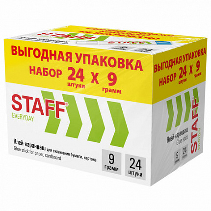 Клей-карандаш 9 г, ВЫГОДНАЯ УПАКОВКА, КОМПЛЕКТ 24 ШТУКИ, STAFF EVERYDAY, 273016