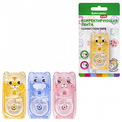 Корректирующая лента BRAUBERG KIDS "ЗВЕРЯТА", 5 мм х 8 м, механизм перемотки, корпус ассорти, блистер, 272499