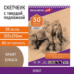 Скетчбук, крафт-бумага 80 г/м2, 205х290 мм, 50 л., гребень, жёсткая подложка, BRAUBERG ART DEBUT, 110982