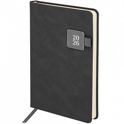 Ежедневник датированный 2026 А5 138х213 мм, BRAUBERG "Accent", под кожу, держатель, серый, 117385