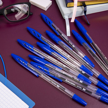 Ручки шариковые BRAUBERG "ULTRA", СИНИЕ, НАБОР 10 штук, корпус прозрачный, узел 1 мм, 143570