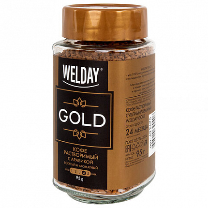 Кофе растворимый WELDAY (ВЭЛДЭЙ) "GOLD" 95 г, стеклянная банка, сублимированный, 622675