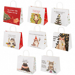 Пакет подарочный (1 штука), новогодний, 28х14х24 см "Котики", крафт, ассорти, ЗОЛОТАЯ СКАЗКА, 592433