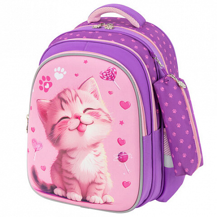 Рюкзак SNOOBAG (СНУБЭГ) MIND с пеналом в комплекте, 2 отделения, "Озорной котик", 40х28х18 см, 274443