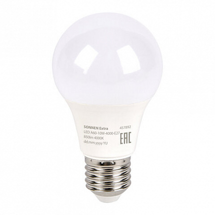 Лампа светодиодная SONNEN EXTRA, 10 (85) Вт, Е27, груша, нейтральный белый, 30000 ч, LED A60-10W-4000-Е27, 457892