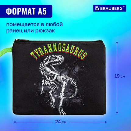 Папка для тетрадей BRAUBERG А5, 1 отделение, полиэстер, на молнии, с ручкой, "Тираннозавр", 272203