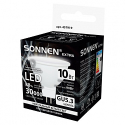 Лампа светодиодная SONNEN EXTRA, 10 (90) Вт, GU5.3, софит, нейтральный белый, 30000 ч, LED MR16-GU5.3-10W-4000, 457919