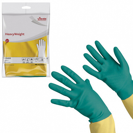 Перчатки МНОГОРАЗОВЫЕ латексные VILEDA, х/б напыление, СВЕРХПРОЧНЫЕ (неопрен), размер 7,5-8, M (средний), зелено-желтые, вес 120 г, 174305
