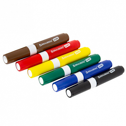 Фломастеры суперсмываемые толстые для малышей BRAUBERG KIDS, 6 цветов, ПВХ-упаковка, 152604