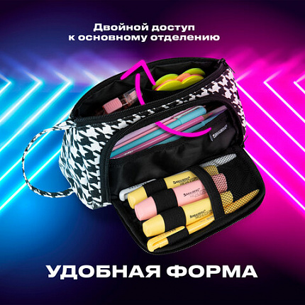 Пенал-косметичка BRAUBERG с ручкой, 1 откидная планка, полиэстер, 22x10х8 см, "Гусиная лапка", 271560
