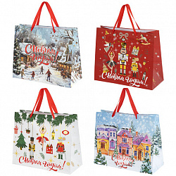 Пакет подарочный (1 шт.) новогодний 26х13х32 см "Winter Wonderland", фольга, ассорти, ЗОЛОТАЯ СКАЗКА, 592443