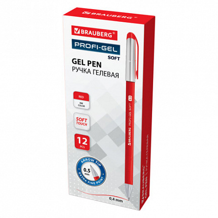 Ручка гелевая BRAUBERG Profi-Gel SOFT, КРАСНАЯ, прорезиненный корпус, линия 0,4мм,144131