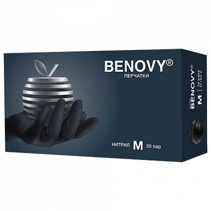 Перчатки нитриловые смотровые 50 пар (100 штук), размер 7-8, M (средний), черные, BENOVY MultiColor