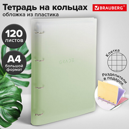 Тетрадь на кольцах БОЛЬШАЯ 305х235 мм А4, 120 л., пластик, с разделителями, BRAUBERG, Зеленый, 404625