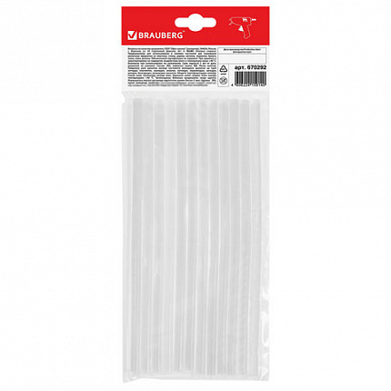 Клеевые стержни, диаметр 7 мм, длина 200 мм, прозрачные, комплект 12 шт., BRAUBERG, европодвес, 670292