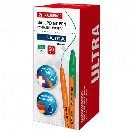 Ручка шариковая BRAUBERG "ULTRA ORANGE", ЗЕЛЕНАЯ, узел 0,7 мм, чернила ГЕРМАНИЯ, наконечник ШВЕЙЦАРИЯ, 143565