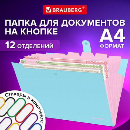 Папка-органайзер на кнопке 12 отделений, BRAUBERG Extra, А4, голубая с розовым, 271932