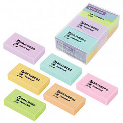 Ластики BRAUBERG PASTEL SOFT НАБОР 6 шт., размер ластика 45х25х10 мм, экологичный ПВХ, 271340