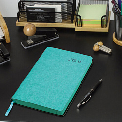 Ежедневник датированный 2026 А5 138x213 мм, BRAUBERG "Stylish", под кожу, гибкий, бирюзовый, 117098