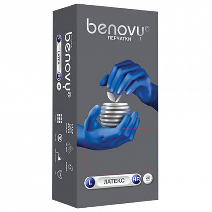 Перчатки латексные смотровые 25 пар (50 штук), прочные, размер 8-9, L (большой), BENOVY High Risk
