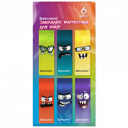 Закладки для книг МАГНИТНЫЕ, BRAUBERG "CUTE MONSTERS", набор 6 штук, 60x20 мм, 116995