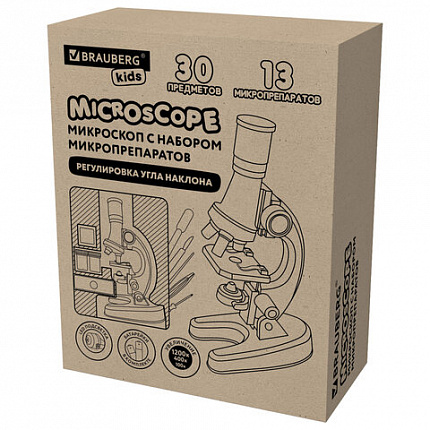 Микроскоп с подсветкой, 30 предметов, в т.ч. набор из 12 микропрепаратов в подарок, увеличение 100х, 400х, 1200х, BRAUBERG KIDS, 391400