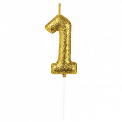 Свеча-цифра для торта "1" золотая с глиттером, 6 см, ЗОЛОТАЯ СКАЗКА, на шпажке, в блистере, 591414