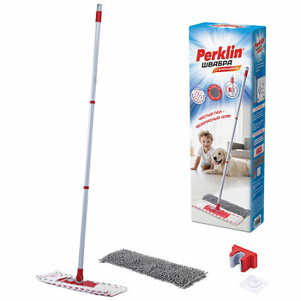 Швабра с флаундером 40 см, составной черенок 120 см, МОП микрофибра/абразив + МОП СИНЕЛЬ, PERKLIN (ПЕРКЛИН), 700987