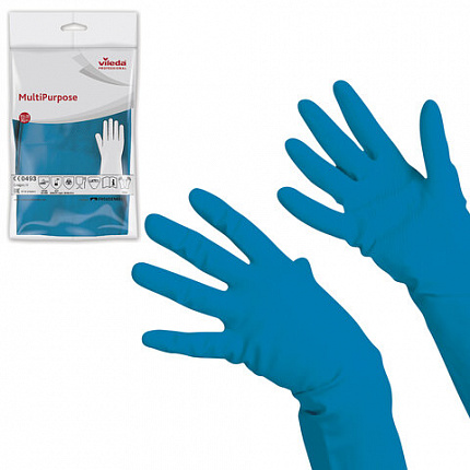 Перчатки МНОГОРАЗОВЫЕ резиновые VILEDA многоцелевые, х/б напыление, ПРОЧНЫЕ, размер 9,5-10, XL (очень большой), синие, вес 72 г, 174357