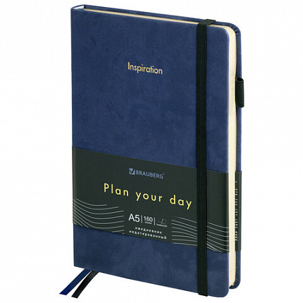 Ежедневник недатированный А5 138x213 мм, BRAUBERG "Velvet", резинка, держатель, 160 л., синий, 116243