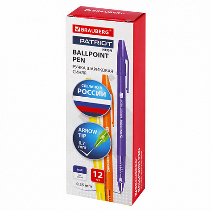 Ручка шариковая РОССИЯ "PATRIOT NEON", СИНЯЯ, корпус ассорти, 0,7 мм, линия 0,35 мм, BRAUBERG, 143966