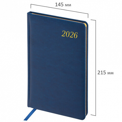 Еженедельник датированный 2026, А5, 145х215 мм, BRAUBERG "Iguana", под кожу, синий, 117170