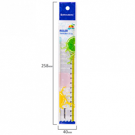 Линейка пластиковая 20 см BRAUBERG "FRESH ZONE", прозрачная, с желтой шкалой, 210749