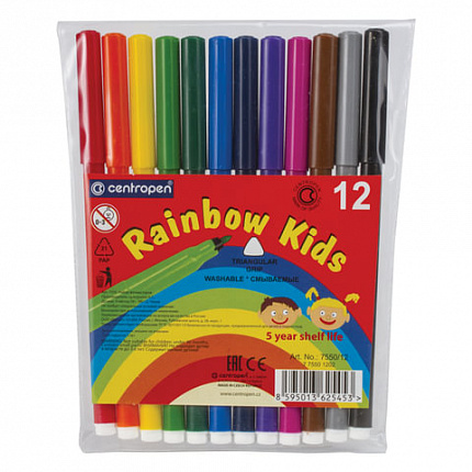 Фломастеры 12 ЦВЕТОВ CENTROPEN "Rainbow Kids", круглые, смываемые, вентилируемый колпачок, 7550/12ET, 775501202