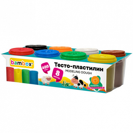 Тесто пластилин для лепки СУПЕР ПЛАСТИЧНОЕ, 8 цветов, 400г, крышки-штампики, BAMBOX (БАМБОКС), 107248