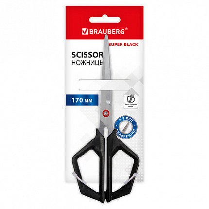 Ножницы BRAUBERG "Super black" 170 мм, черные, 3-х сторонняя заточка, ручки из ABS пластика, 238854