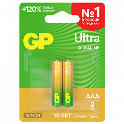 Батарейки КОМПЛЕКТ 2 шт., GP Ultra G-Tech, AAA (LR03, 24А), алкалиновые, мизинчиковые, 24AUA21-2CRSBC2