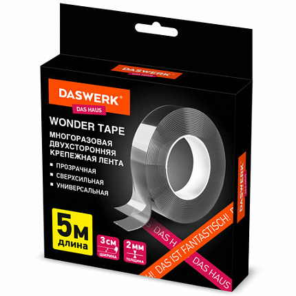 Многоразовая двухсторонняя прозрачная крепежная лента "Скотч NANO tape 5 м х 30 мм", 2 мм, DASWERK (ДАСВЕРК), 607929