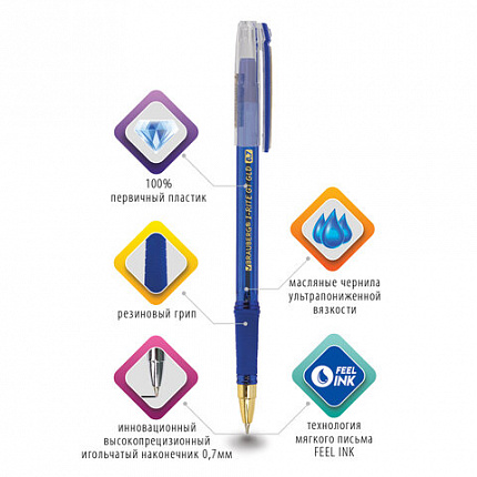 Ручка шариковая масляная с грипом BRAUBERG "i-Rite GT GLD", СИНЯЯ, корпус тонированный синий, узел 0,7 мм, 143302