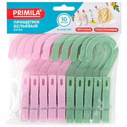 Прищепки бельевые с крючком 13 см, КОМПЛЕКТ 10 штук, пластик, ассорти, PRIMILA (ПРИМИЛА) EXTRA, 700519