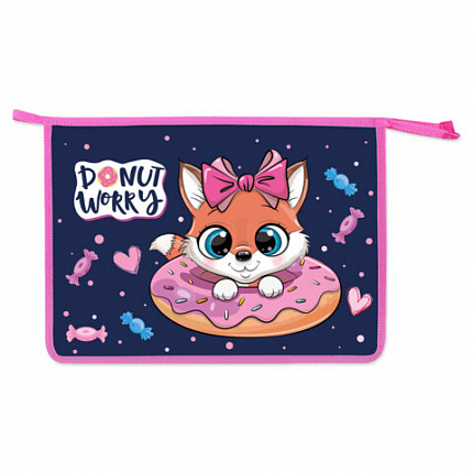 Папка для тетрадей ЮНЛАНДИЯ А4, 1 отделение, пластик, на молнии, Donut worry, 272136