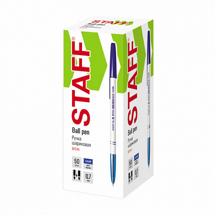 Ручка шариковая STAFF "Basic BP-244", СИНЯЯ, корпус белый, узел 0,7 мм, линия письма 0,35 мм, 142286